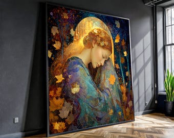 Dreamy Autumn Muse, Woman Portrait Canvas, Golden Leaves Wall Art, Ethereal Forest Scene, Decorative Home Canvas Art, Ready to Hang