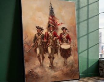 Pode incluir: Obra de arte emoldurada retratando três soldados em uniformes da Guerra da Independência Americana, um deles carregando uma bandeira americana esfarrapada. Os soldados usam casacos vermelhos e verdes, marchando em um estilo pictórico sépia. Um baterista é visível.
