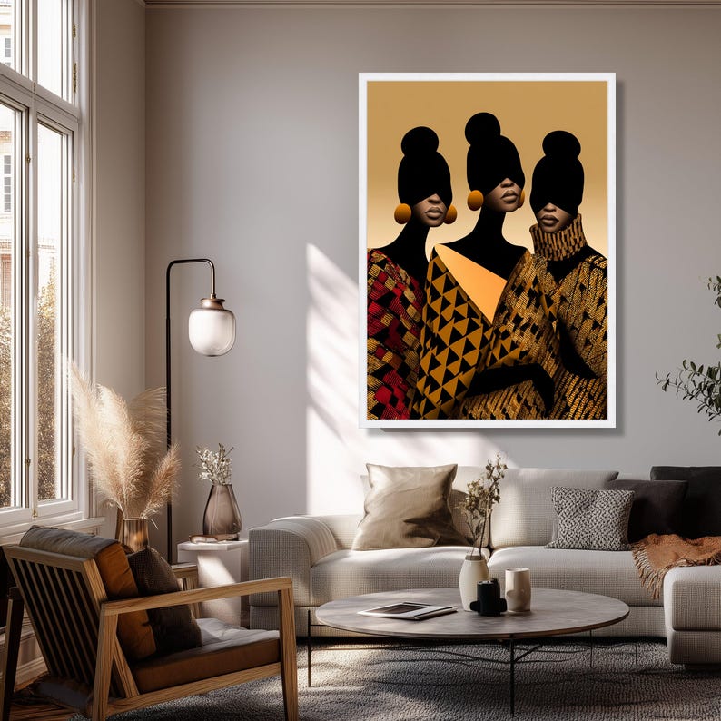 Elegant African Women Portrait Canvas, Modern Ethnic Fashion Art, Geometric Pattern Wall Decor, Stylish Female Silhouettes, Contemporary image 7
