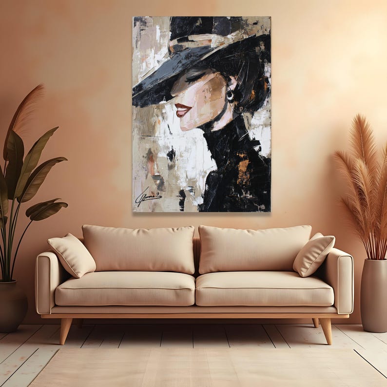 Elegant Woman in Black Hat Canvas, Modern Abstract Portrait Wall Art ...