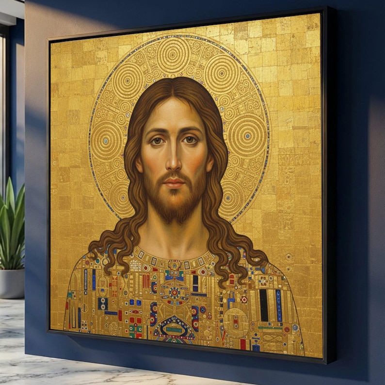 Gustav Klimt Stil Jesus Porträt Leinwand, Gold religiöse Wandkunst, ikonische heilige Kunstdruck, spirituelle Wohnkultur, moderne klassische Leinwand Bild 3