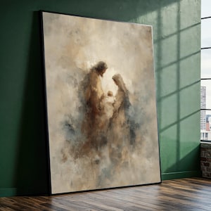 Könnte beinhalten: Abstrakte Malerei in einem schwarzen Rahmen, die eine religiöse Szene mit Figuren in gedämpften Braun-, Beige- und Blautönen zeigt. Das Kunstwerk zeigt eine zentrale Figur, die ein Baby hält, mit zwei weiteren Figuren in der Nähe. Der Stil erinnert an ein Ölgemälde.