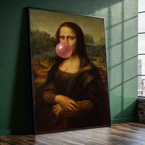 Funny Mona Lisa Bubblegum Canvas Painting - Pop Culture Wall Art, Ready to Hang, Quirky Gift for Modern Art Lovers & Trendy Home Decor