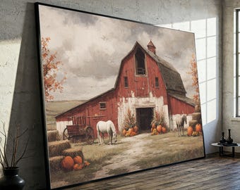May include: Large framed canvas art print depicting a rustic red barn with a weathered appearance. The artwork features a rural landscape with white horses, pumpkins, hay bales, and a horse-drawn cart, evoking a fall harvest theme.