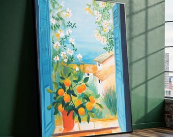 Könnte beinhalten: Gerahmtes Gemälde, das eine sonnige Szene im Freien zeigt. Ein hellblauer Fensterrahmen umgibt einen Blick auf eine Landschaft mit Orangenbäumen in einem Terrakottatopf, weißen Blumen und Gebäuden mit orangefarbenen Dächern.