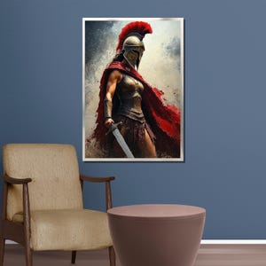May include: A framed print of a warrior in a bronze breastplate, helmet with red plume, and red cape, holding a sword. The artwork has a painterly style with a neutral background.