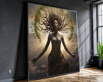 Ethereal Nature Goddess Canvas, Tree of Life Wall Art, Mystical Woman Portrait, Spiritual Home Decor, Botanical Fantasy Canvas, Ready to