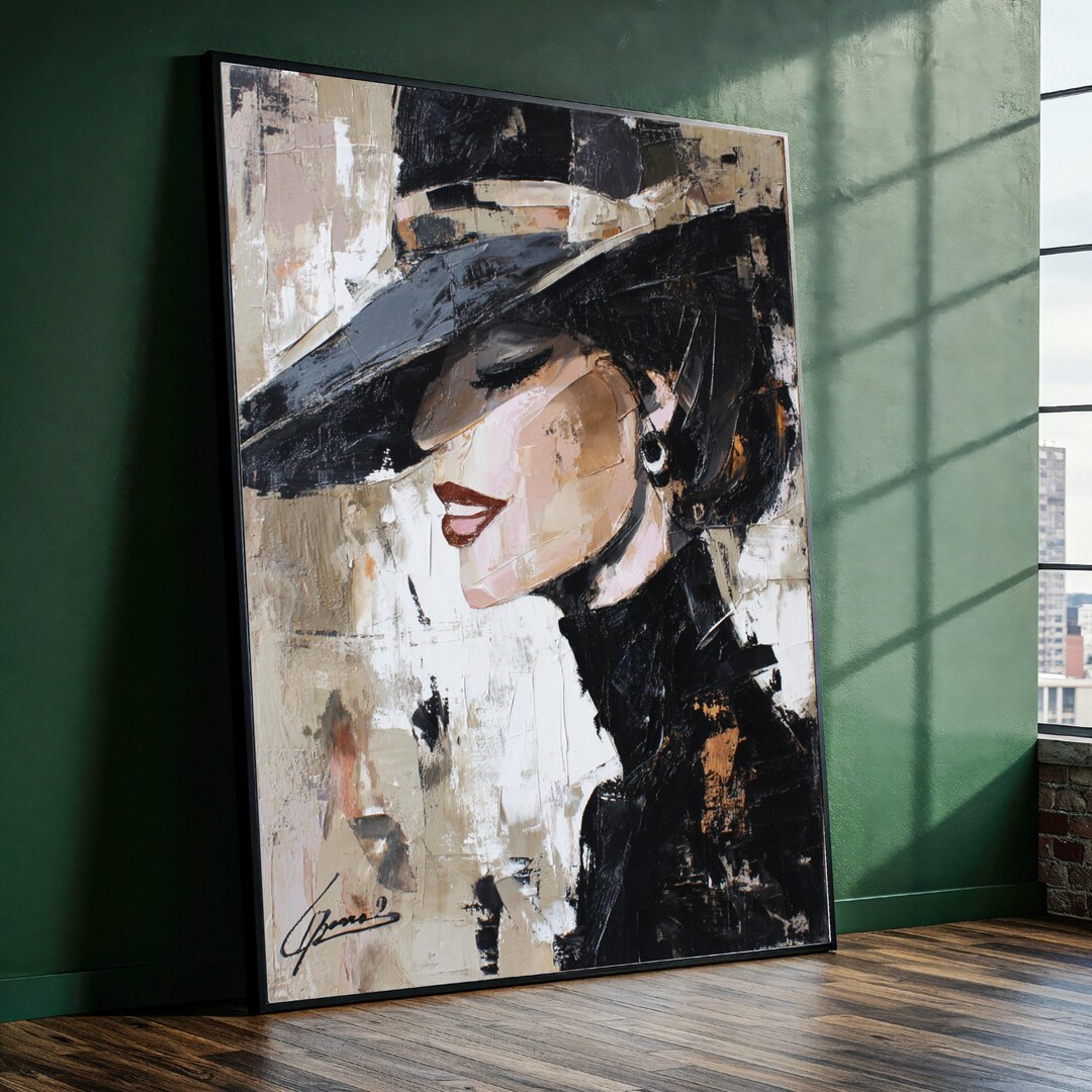 Elegant Woman in Black Hat Canvas, Modern Abstract Portrait Wall Art ...