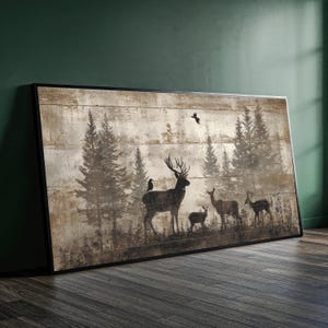Rustic Woodland Deer Family Canvas, Vintage Forest Silhouette Wall Art, Nature Wildlife Canvas Decoration for Living Room image 1