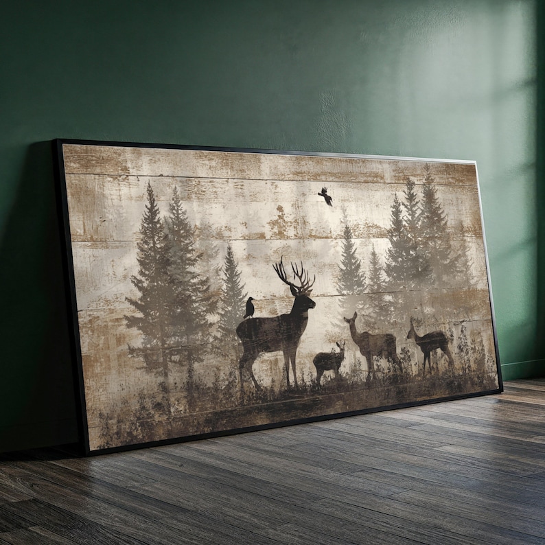 Rustic Woodland Deer Family Canvas, Vintage Forest Silhouette Wall Art, Nature Wildlife Canvas Decoration for Living Room image 1
