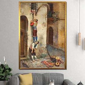 Romantic Balcony Rendezvous Canvas – 19th Century Courting Scene Wall Art with Guitar and Lovers in Alleyway – Vintage European Decor Gift