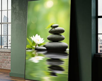 Zen Stone Stack with White Lotus Flower Canvas, Spa Wall Art, Tranquil Nature Scene, Green Background, Meditation Decor, Relaxation Artwork