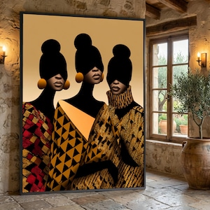 Elegant African Women Portrait Canvas, Modern Ethnic Fashion Art, Geometric Pattern Wall Decor, Stylish Female Silhouettes, Contemporary image 2