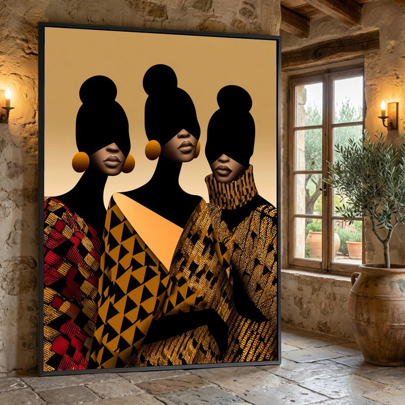 Elegant African Women Portrait Canvas, Modern Ethnic Fashion Art, Geometric Pattern Wall Decor, Stylish Female Silhouettes, Contemporary image 2
