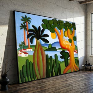 May include: Large framed artwork featuring a vibrant landscape painting. The artwork depicts a tropical scene with palm trees, cacti, and a body of water. The color palette includes blues, greens, oranges, and yellows. A figure is resting in a tree.