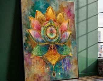 Golden Mandala Lotus Canvas Wall Art, Spiritual Flower Decoration, Colorful Sacred Geometry Print, Abstract Boho Canvas, Meditation Room