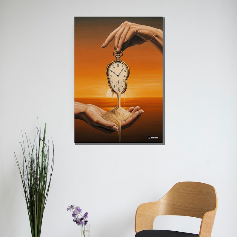 May include: A surrealist painting shows a melting pocket watch held between two hands, with the watch's form flowing into sand. The background features a warm, orange sunset over a calm sea. The artwork evokes themes of time and transience.