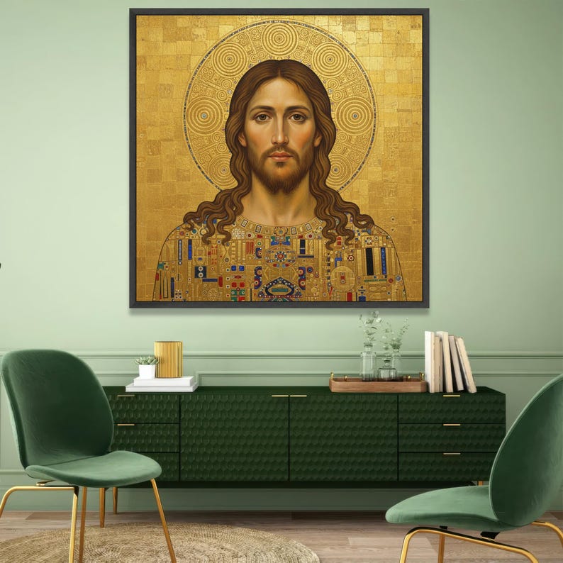 Gustav Klimt Stil Jesus Porträt Leinwand, Gold religiöse Wandkunst, ikonische heilige Kunstdruck, spirituelle Wohnkultur, moderne klassische Leinwand Bild 2