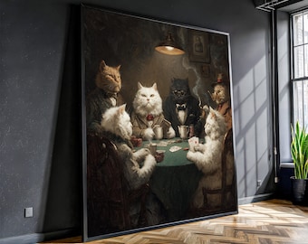 Vintage Cat Poker Game Canvas, Anthropomorphic Cats Playing Cards Wall Art, Whimsical Animal Portrait, Retro Home Decoration