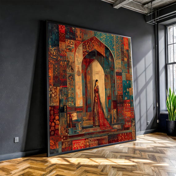 Elegant Woman in Traditional Dress, Ornate Archway Canvas, Vintage Indian Wall Art, Cultural Heritage Decoration, Abstract Canvas