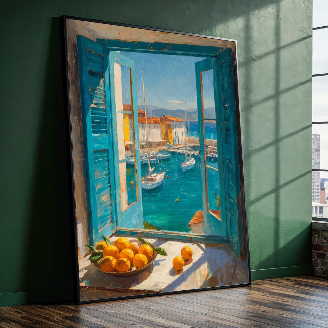 Mediterranean Window View Art - Coastal Harbor Canvas Print - Orange ...