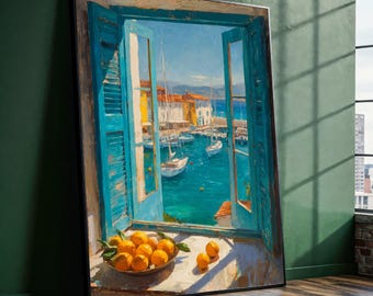 Mediterranean Window View Art - Coastal Harbor Canvas Print - Orange Bowl Kitchen Decor - Seaside Wall Artwork