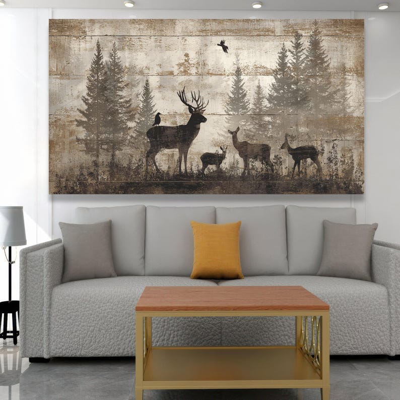 Rustic Woodland Deer Family Canvas, Vintage Forest Silhouette Wall Art, Nature Wildlife Canvas Decoration for Living Room image 3