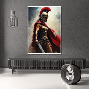 May include: A framed artwork depicts a warrior in ancient armor, holding a sword. The warrior wears a helmet with a red plume and a red cape. The artwork is displayed above a dark gray console table.