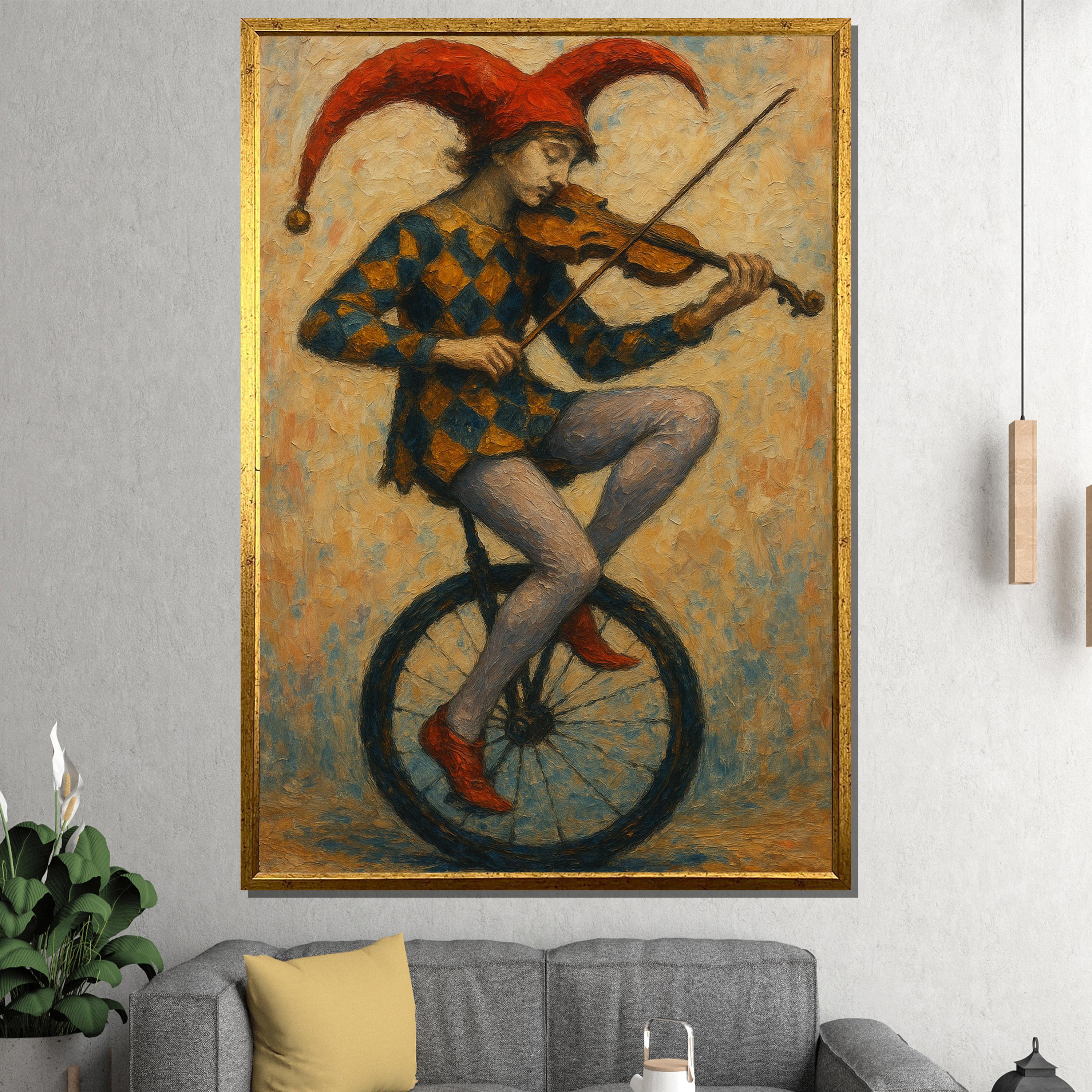 美術品・アンティーク・コレクション 油彩画 ピエロ 一輪車に乗る