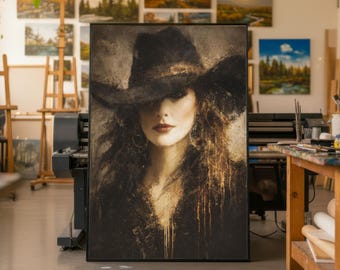 Stilvolle Frau im Cowboyhut Leinwand Gemälde, Abstrakte Western Wand Kunst, Bereit zum Aufhängen, Chic Wohnkultur, Cowgirl Geschenk, Leinwand Kunst