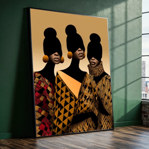 Elegant African Women Portrait Canvas, Modern Ethnic Fashion Art, Geometric Pattern Wall Decor, Stylish Female Silhouettes, Contemporary