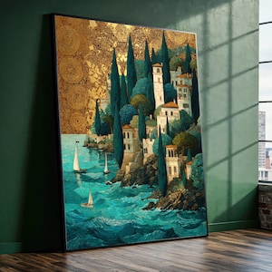 May include: A framed art print depicting a coastal scene with white buildings, tall green trees, and sailboats on turquoise water. The upper left corner features a gold, patterned design. The artwork is displayed in a room with a green wall and a window.