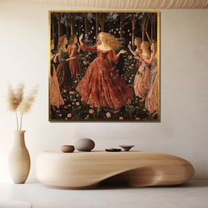 Renaissance Floral Goddess Dance Canvas – Botticelli Inspired Mythical Women Wall Art with Romantic Forest Scene for Elegant Classical