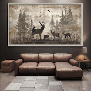 Rustic Woodland Deer Family Canvas, Vintage Forest Silhouette Wall Art, Nature Wildlife Canvas Decoration for Living Room image 6