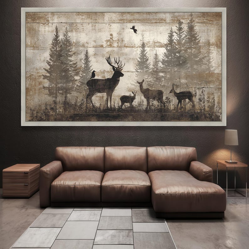 Rustic Woodland Deer Family Canvas, Vintage Forest Silhouette Wall Art, Nature Wildlife Canvas Decoration for Living Room image 6