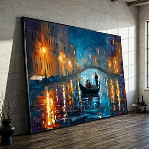 Nuit romantique à Venise, toile promenade en gondole, art mural reflet de paysage urbain, peinture de style impressionniste, décoration de canal d'eau, prêt à accrocher