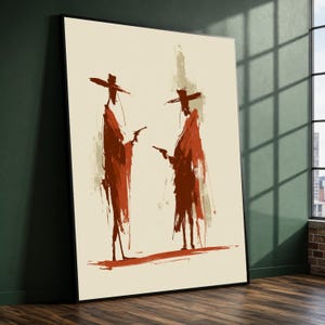 May include: A framed wall art print featuring a minimalist abstract illustration of two figures wearing wide-brimmed hats and long coats. Each figure holds a handgun, rendered in deep rust-red brushstrokes against a solid cream background.