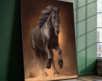Majestic Black Horse Canvas Wall Art, Powerful Running Stallion Painting with Dramatic Dust and Light for Living Room