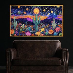 Vibrant Starry Desert Landscape with Cactus and Flowers – Colorful Southwestern Wall Art for Boho Home Decor or Nature Lover Gift Idea