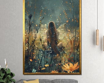 Cuadro en lienzo de una hada sentada en un bosque mágico: una obra de arte mural de ensueño con luciérnagas, un regalo original para el dormitorio o la sala de meditación.