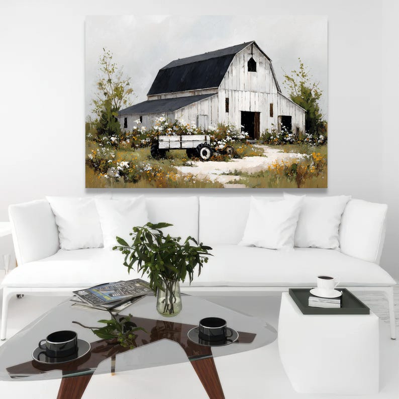 Rustic Canvas Rustic White Barn Canvas Wall Art, Farmhouse Scene Painting, Country ...