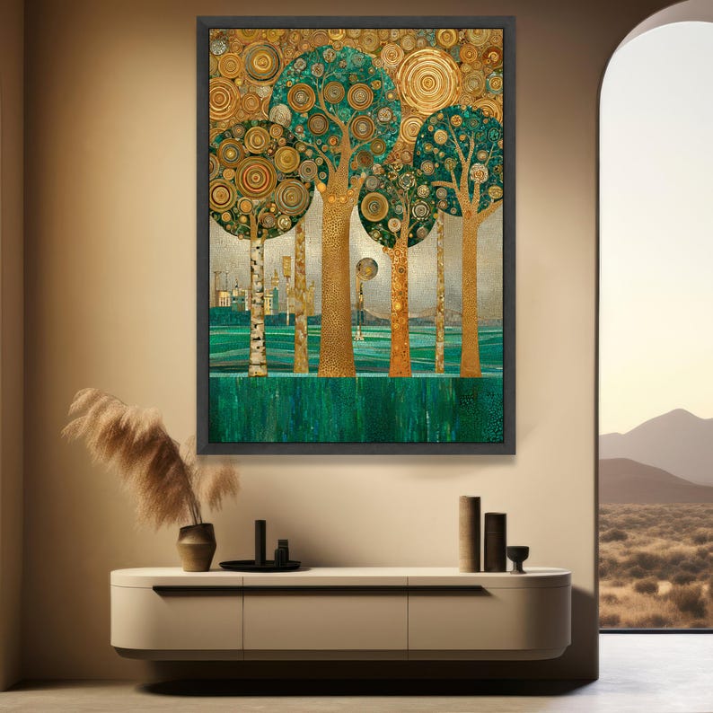 Klimt Mosaic Trees Canvas, Abstract Forest Wall Art, Gold and Teal ...