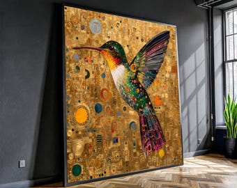 Gustav Klimt Kolibri Leinwand, abstrakte Goldkunst, moderne Naturwandkunst, lebendige Vogelmalerei, dekorative Leinwand für Zuhause