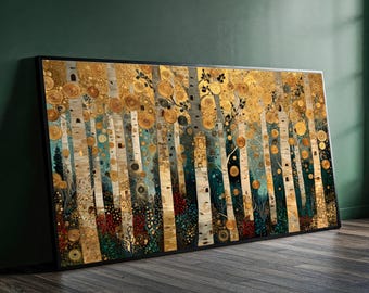 Gustav Klimt Birch Forest Canvas, Gold Leaf Tree Art, Abstract Nature Wall Art, Modern Forest Landscape Canvas, Home Decor Painting