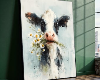 Charming Cow with Daisies Canvas, Farm Animal Wall Art, Rustic Country Decor, Whimsical Animal Portrait, Pastel Blue Background Canvas