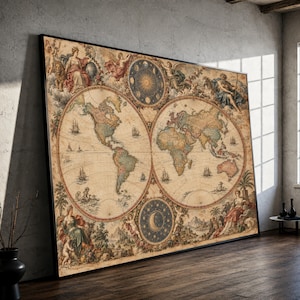 Antique World Map Canvas Print, Vintage Nautical Wall Art for Home or Office, Historic Geography Decor, Classic Artwork, vintage map art
