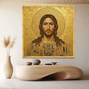 Gustav Klimt Stil Jesus Porträt Leinwand, Gold religiöse Wandkunst, ikonische heilige Kunstdruck, spirituelle Wohnkultur, moderne klassische Leinwand Bild 6