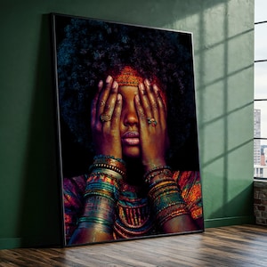 Toile portrait de femme afrocentrique, oeuvre d'art murale bijoux bohème, décoration d'intérieur de style ethnique, toile aux couleurs vives, impression d'art culturel, prêt à accrocher