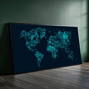 Vintage World Map Canvas, Retro Global Network Art, Blue Geometric Lines, Modern Travel Wall Decor, Home Office Canvas Print
