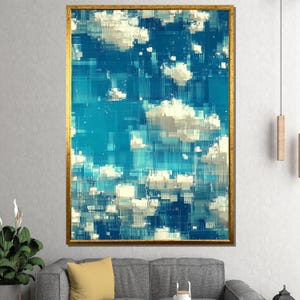 Puede incluir: Impresión artística abstracta que presenta una representación digital de un cielo con nubes. La obra de arte está enmarcada en un marco de color dorado. La paleta de colores incluye tonos de azul, blanco y dorado. La imagen es un rectángulo vertical.